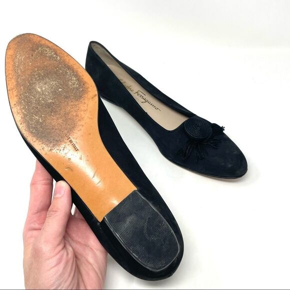 SALVATORE Ferragamo Black Suede Fringe Button Flats Size 9.5 Made in Italy - Picture 9 of 10